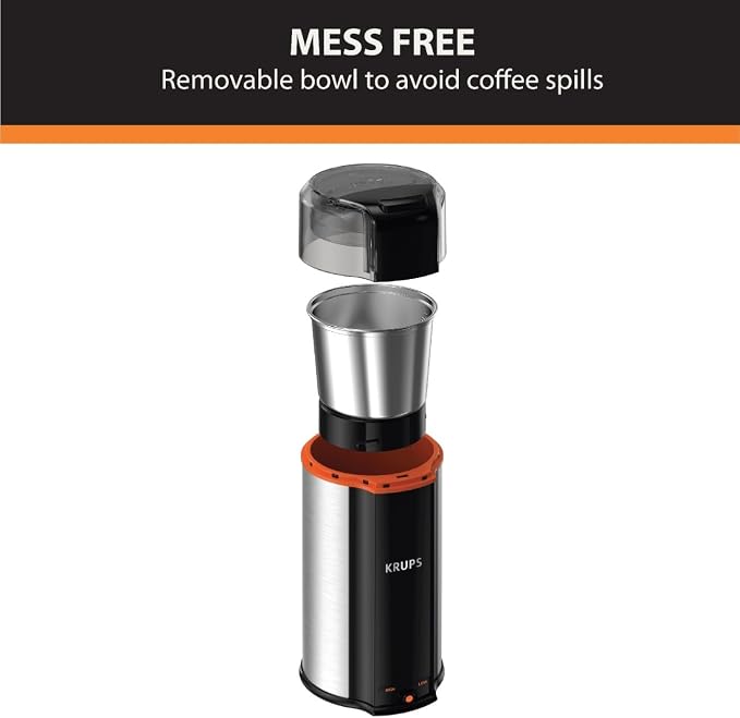 KRUPS Silent Vortex Coffee Grinder 2-Speed Removable Bowl | 8× quieter operation, Dishwasher-safe bowl with storage lid, 240 watts, Fits 12 cups,