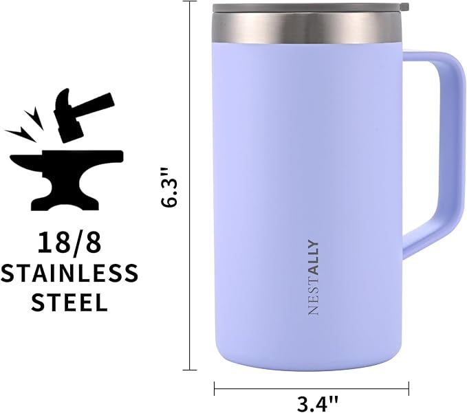 NESTALLY Cozy 20oz Insulated Coffee Mug with Handle & Lid, Lavender | Stainless Steel Double Wall Vacuum Travel Mug for Hot & Cold Drinks, Reusable Coffee Tumbler, Non-Slip Base, BPA-Free