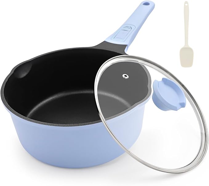 2.5 Qt Nonstick Sauce Pan with Lid, Sauce Pot with Pour Spout, Blue | Detachable Handle, Suitable for All Stoves, Including Induction, Oven Safe, PTFE & PFAS & PFOA Free