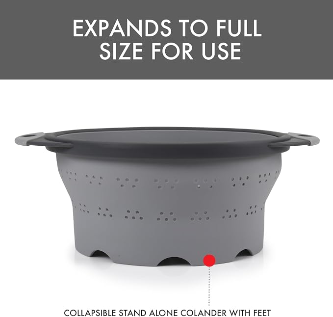 Dexas 10" Collapsible Silicone Colander in Cool Grey, Kitchen Strainer with Handles, 15.1 Cup Capacity | BPA-Free, Heat-Resistant, Space-Saving Kitchen Tool