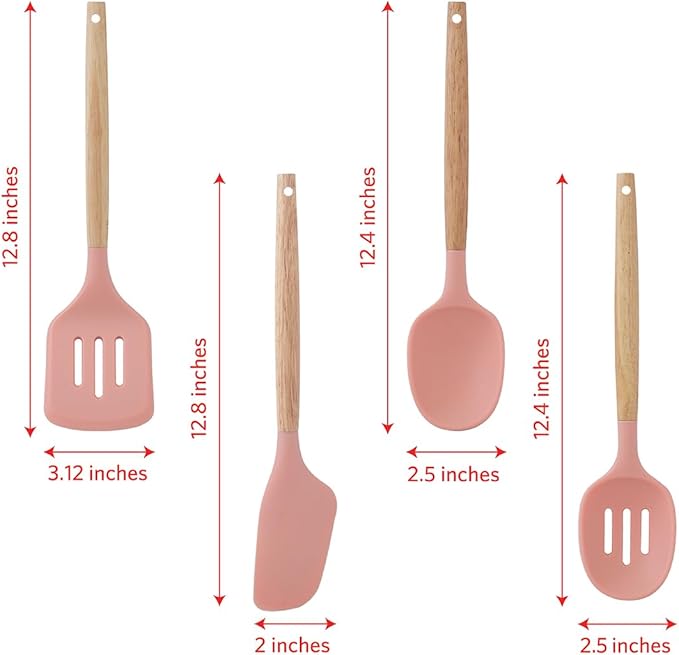 Glad Silicone Kitchen Utensils Set, 8pcs - Nonstick Cooking Tools with Wooden Handles and Utensil Holder - Spatula Set with Turner, Ladle, Spoons, Tongs, and Spaghetti Server - Rust