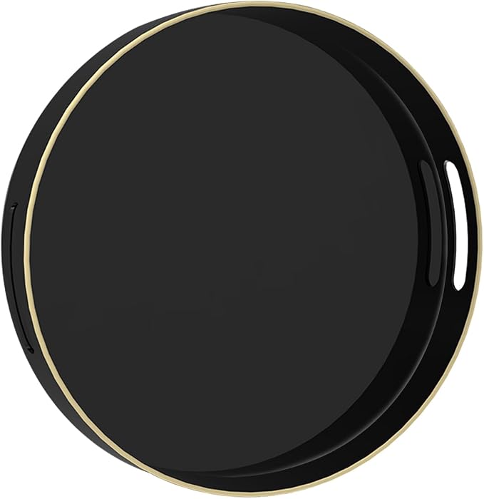 13" Black Decorative Tray, Plastic Round Serving Tray with Handles | Decorative Tray for Coffee Table, Modern Ottoman Tray, Circle Tea Tray, Round Melamine Tray for Living Room, Bathroom