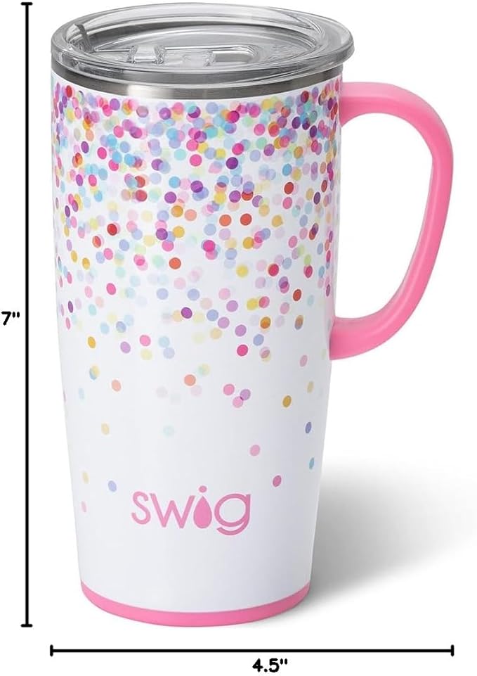 Swig Life 22oz Insulated Travel Mug with Handle & Lid, Confetti | Triple Insulated Stainless Steel - Handle & Lid Included - Keeps Coffee Hot or Cold - Cup Holder Friendly