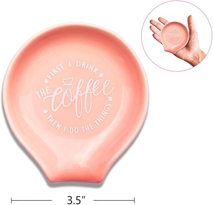 Funny Coffee Quote First I Drink The Coffee Then I Do The Things Ceramic Spoon Holder- Orange Pink Coffee Spoon Rest -Cafe Station Bar Accessories