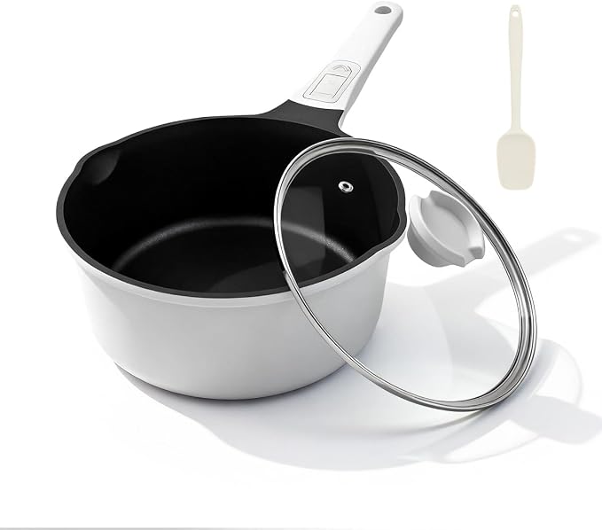 1.5 Quart Sauce Pan with Lid, Small Cooking Pot, White | Nonstick Saucepan with Pour Spout, Detachable Handle, Compatible with All Cooktops, Oven Safe, PFOA PFAS PTFE Free