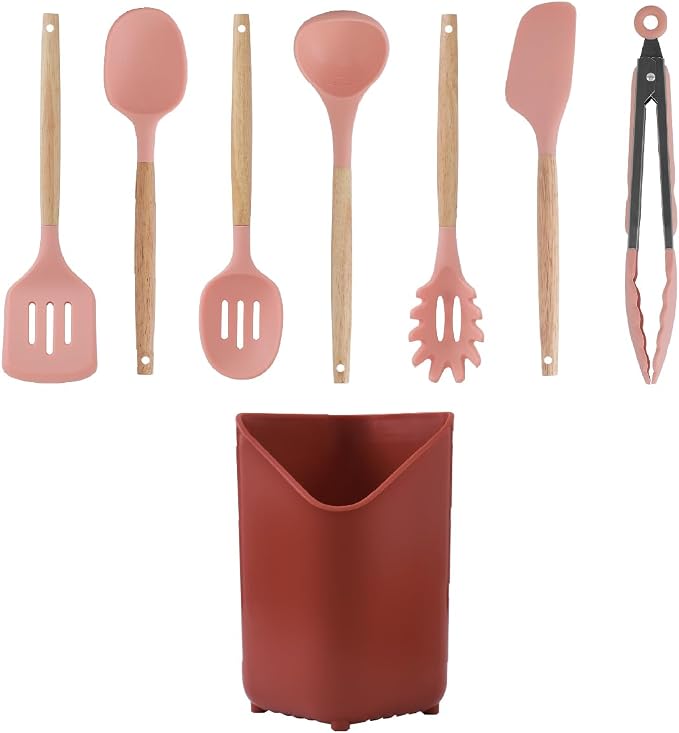 Glad Silicone Kitchen Utensils Set, 8pcs - Nonstick Cooking Tools with Wooden Handles and Utensil Holder - Spatula Set with Turner, Ladle, Spoons, Tongs, and Spaghetti Server - Rust