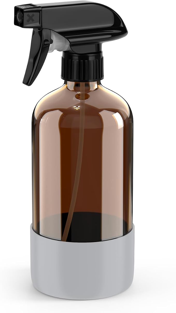 Bontip Amber Glass Spray Bottle, 16 oz with Grey Silicone Sleeve, 1 Pack | Refillable amber glass bottle, With protective silicone sleeve, BPA-free, UV shielding, Great for cleaning solutions,plants