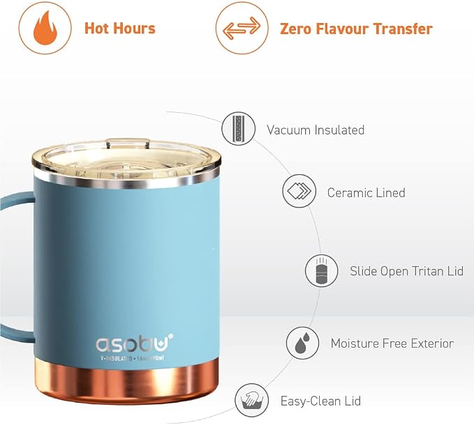 asobu Ultimate Ceramic Travel Mug, 12oz Insulated Stainless Steel Coffee Cup with Handle & Splash-Resistant Lid, Ceramic Lined for Pure Taste, BPA-Free, Double-Wall Vacuum for Hot Drinks