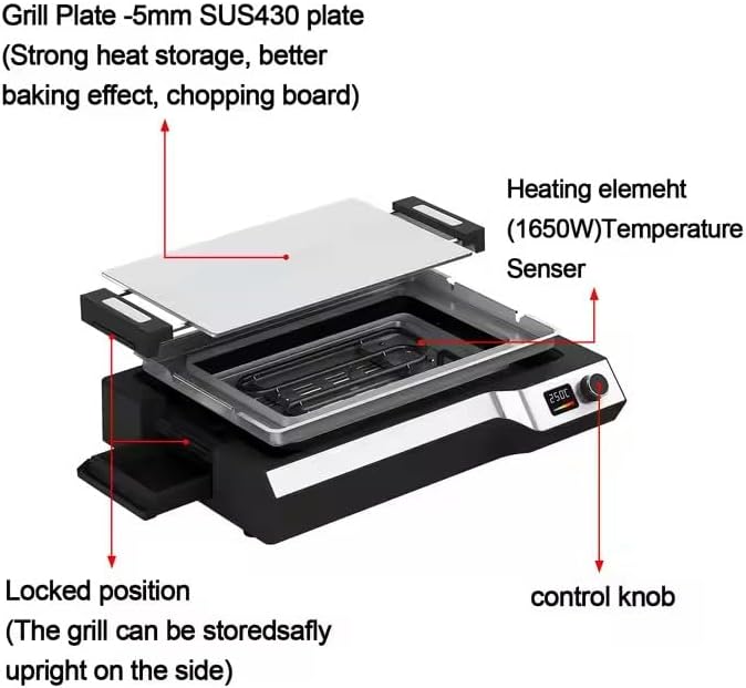 Electric Griddle, 14" Indoor Grill, Spatula & Fork Included | 536°F Max Temp, 5mm Stainless Steel Plates, Nonstick Flat Top Grill, Dishwasher-Safe