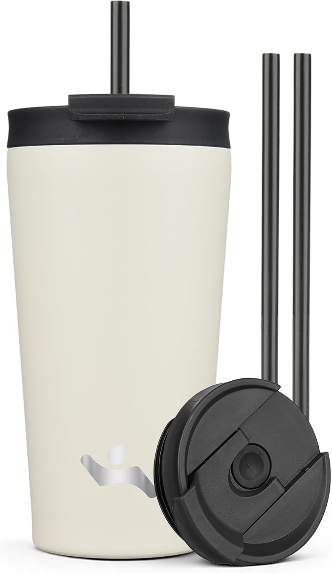 Konokyo 18 oz Insulated Tumbler Water Bottle with Straw Lid, Angel White | Stainless steel insulated tumbler for coffee, water and iced drinks; spill-proof lid, 2 straws, cup-holder friendly
