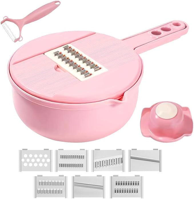 Mandoline Vegetable Slicer Set with 6 Interchangeable Blades, Grater and Peeler, Pink and Blue (Pink)