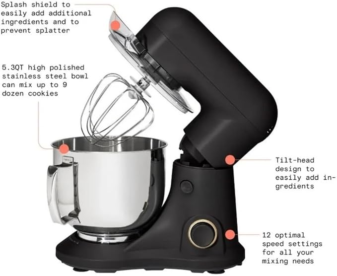 Wonderful Kitchen Stand Mixer 5.3 Qt Bowl, 12 Speeds Tilt-Head, Dough Hook Flat Beater Whisk for Baking Tasks Metal Build for Baking (Black)