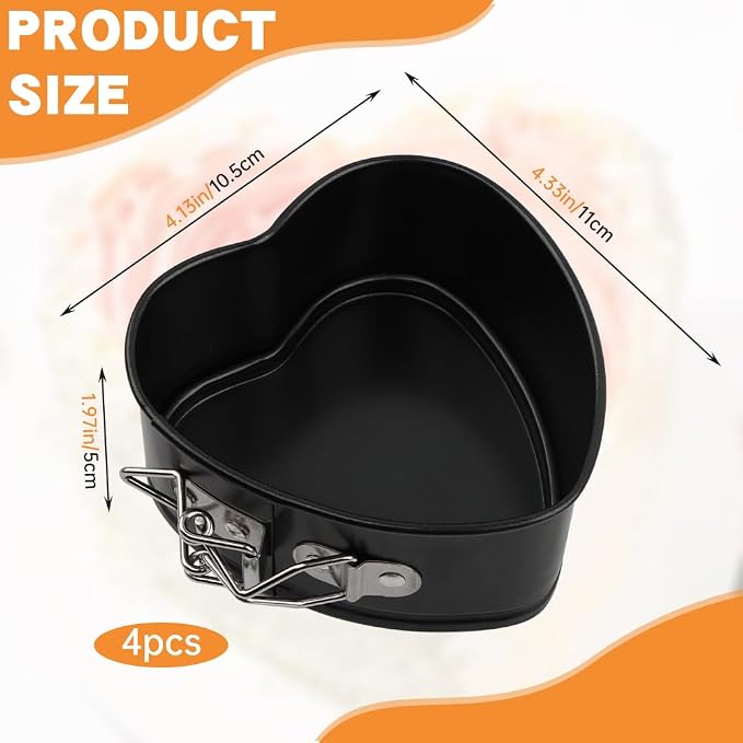 4 Inch Heart Springform Pans, Set of 4 Baking Pan | Mini heart shaped springform pans with removable bottoms and nonstick carbon steel; oven safe to 450F
