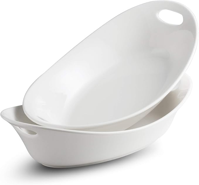 YHOSSEUN Large Serving Bowl with Handles, Oval Serving Platter Set of 2 | Thanksgiving Serving Dishes for Entertaining, Ceramic Salad Bowls Set, 1.5 Quarts, White, Microwave Dishwasher Oven Safe