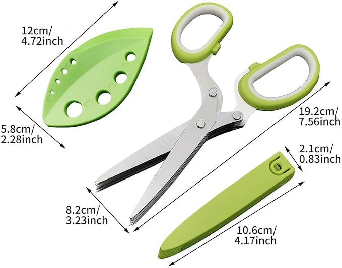 Herb Scissors Set, Stainless Steel 5 Blade Kitchen Salad Scissors with Safety Cover & Cleaning Comb, Multipurpose Herb Stripping Tool(COLOR:Green)
