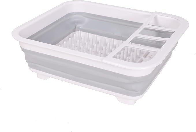 J&V TEXTILES Collapsible Dish Drying Rack - Popup for Easy Storage, Drain Water Directly into The Sink, Room for Eight Large Plates, Sectional Cutlery and Utensil Compartment, Compact (Gray)