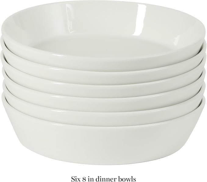 Martha Stewart Selma Pasta Bowls Set of 6, 43oz White Porcelain Soup Bowls & Salad Bowl, Wide and Shallow, Chip Resistant, Dishwasher & Microwave Safe
