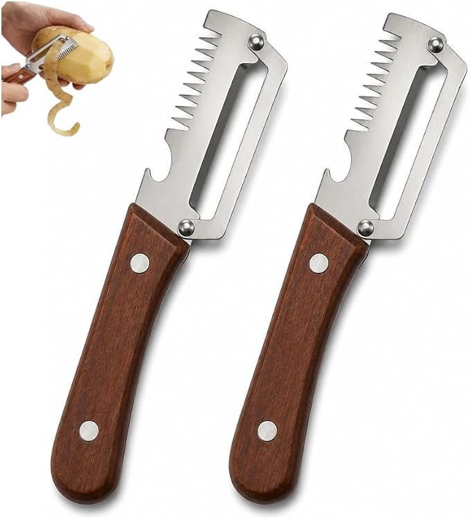 Vegetable Peeler Set of 2 with Julienne Cutter and Natural Wood Handle | 3-in-1 Vegetable & Potato Peeler, Ultra-Sharp Stainless Steel Blade, Bottle Opener for Added Convenience, Kitchen Gadgets