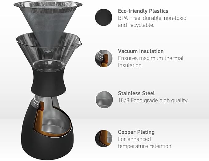 asobu Insulated Pour Over Coffee Maker (32 oz.) Double-Wall Vacuum, Stainless-Steel Filter and Take on the Go Carafe (Smoke)
