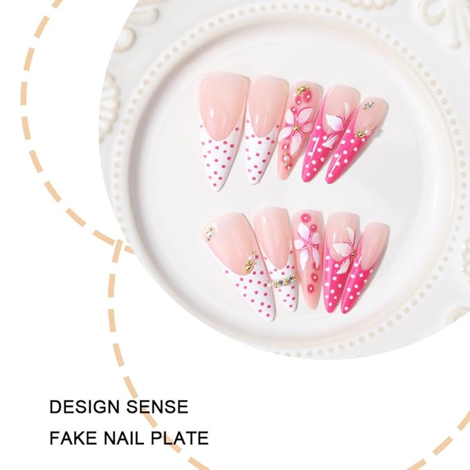 3D Pink Flower Press On Nails Long Stiletto Fake Nails Polka Dot French Tip Nails with Gold Pearl Designs Full Cover Glue On Nails Reusable Handmade Acrylic Stick on Nails for Women Manicure 24Pcs
