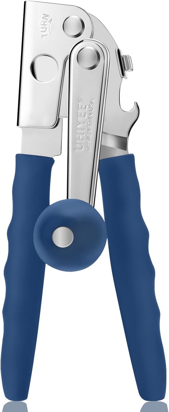 UHIYEE Commercial Can Opener Heavy Duty, Hand Crank for Large Cans, Blue | Manual Can Opener, High-Carbon Blade, Extra-Long Handle, Oversize Knob, Built-in Magnet & Bottle Opener, For #10 Cans