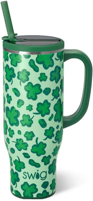Swig Life 30oz Insulated Mega Mug with Handle & Straw, Lucky Leopard | Triple Insulated Stainless Steel - Handle & Straw Included - Extra Large Capacity - Cup Holder Friendly