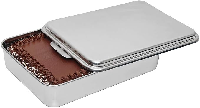 Lindy's Stainless Steel 9 X 13 Inches Covered Cake Pan with Stainless Steel Lid, Deep Pan for Baking Cakes, Breads, Casseroles, Fish, Vegetables and More