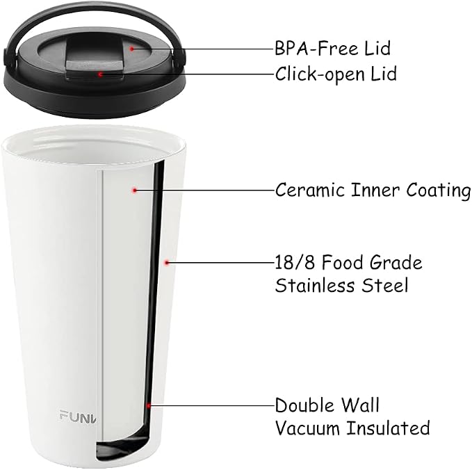 Funkrin Insulated Coffee Mug with Ceramic Coating, 16oz Iced Coffee Tumbler Cup with Flip Lid and Handle, Double Wall Vacuum Leak-Proof Travel Mug for Office School Party Camping