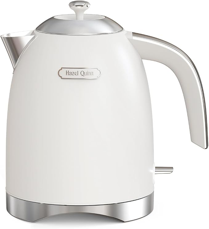 Hazel Quinn Electric Kettle 1.7 Liers(57oz) Stainless Steel, Pearl White | 1200W fast boiling, BPA-free, cordless with rotating base and auto shut-off; ideal for home or office and daily use