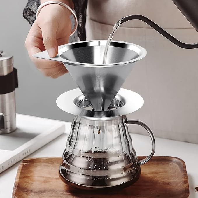 LHS Pour Over Coffee Dripper Reusable Coffee Filter Paperless Coffee Filter Stainless Steel Pour Over Coffee Maker Cone Coffee Dripper for 1-2 Cup,Silver