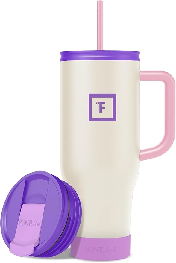 IRON °FLASK 40 oz Co-Pilot Insulated Travel Mug | Insulated Travel Mug with Straw & Flip Cap Lids - Cup Holder Fit, Leakproof, BPA Free, Protective Boot (Cream & Berries)