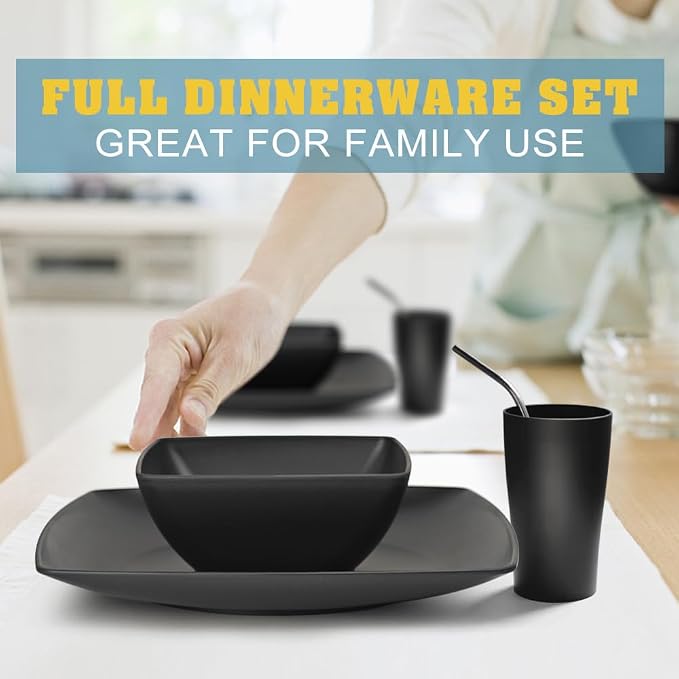 Teivio 56-piece With Flatware Kitchen Plastic Wheat Straw Square Dinnerware Set for 8, Unbreakable Dinner Plates, Snack Bowls, Tumblers 13.5 oz, Dishwasher Safe, Black