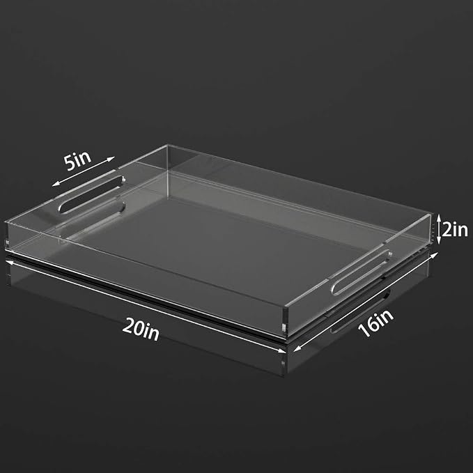 NIUBEE Acrylic Serving Tray 16x20 Inches -Spill Proof- Clear Decorative Tray Organiser for Ottoman Coffee Table Countertop with Handles | Spill-Proof tray for Coffee Table, Ottoman | Decorative Tray for Breakfast in Bed, Drink Serving & Home Organization