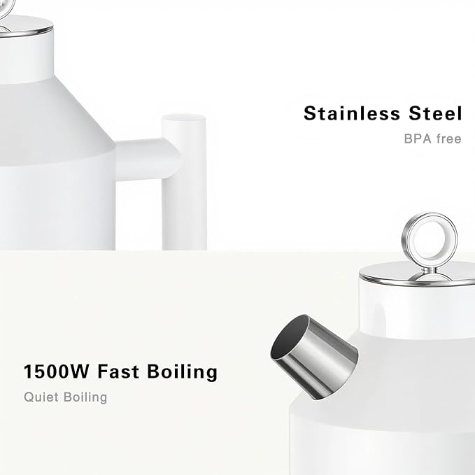 ASCOT Electric Kettle, Plastic-Free Stainless Steel Tea Kettle 1.5L 1500W Retro Tea Heater & Boiling Water, Auto Shut-Off and Boil-Dry Protection (White)