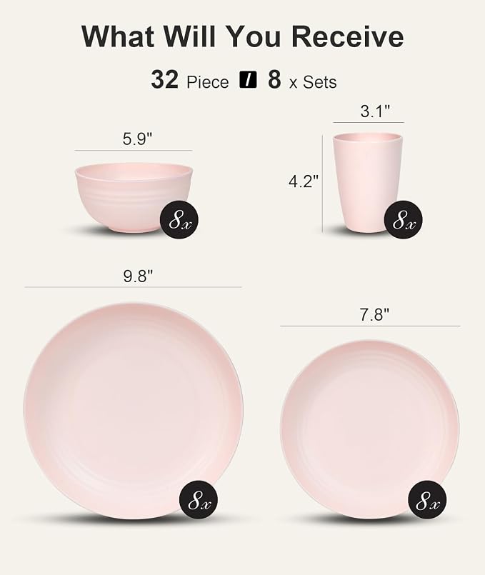 Quatish 32 Piece Plates and Bowls Sets for 8, Unbreakable Dinnerware Sets, Plastic Dish Set for Camping, Dishwasher Microwave Safe, Outdoor Kitchen and Apartment Dorm Dinning RV Essentials, Pink