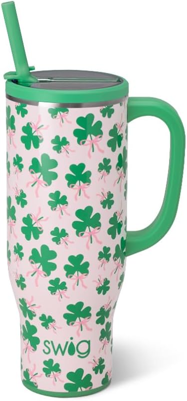 Swig Life 30oz Insulated Mega Mug with Handle & Straw, Clover Crush | Triple Insulated Stainless Steel - Handle & Straw Included - Extra Large Capacity - Cup Holder Friendly