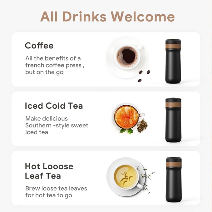 RECAFIMIL Portable French Press Stainless Steel Coffee Maker Travel French Press Insulated Bottle Cup - 320ml Portable Coffee Maker with Double Wall Insulation, Ideal for On - the - go Coffee Lovers