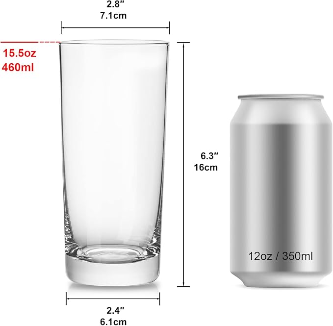 Drinking Glasses Set of 6, 16 oz Tall Drinking Glasses Highball Glassware, Borosilicate Glass Crystal Highball Glasses, Tom Collins Bar Glassware, Water Glass Cups for Cocktail, Mojito Bar Glassware