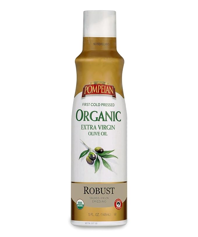 Pompeian Robust Organic Extra Virgin Olive Oil Spray - 5 fl oz | No Propellants - First Cold Pressed Olive Oil for Cooking - Robust Flavor for Salads, Pasta, and Drizzling