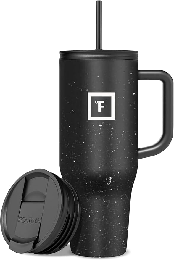 IRON °FLASK 40 oz Co-Pilot Insulated Travel Mug | Insulated Travel Mug with Straw & Flip Cap Lids - Cup Holder Fit, Leakproof, BPA Free (Black Speckle)