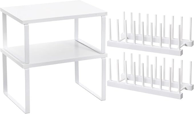Marsui 4 Pcs Kitchen Organizer Accessories Set for Cabinet,White | Cabinet Organizer Shelves, Bamboo Dish Drying Plate Rack, Wooden Counter Storage Holder, for Spice Dish Pot Lid Bowl Cup