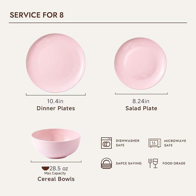 24-Piece Bone China Dinnerware Set for 8, Sakura Pink | Lightweight Porcelain | Round Plates & Bowls | Scratch Resistant | Durable Ceramic | Microwave & Dishwasher Safe