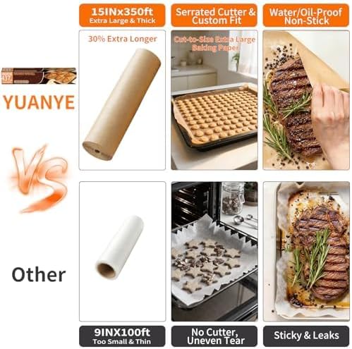 Unbleached 15x350 ft Parchment Paper Roll, 437 Sq.Ft, Non Stick Brown Extra Long Baking Paper Sheets with Serrated Cutter for Cooking, Baking, Grillin, Steaming Bread Cookies, Oven/Air Fryer/Microwave