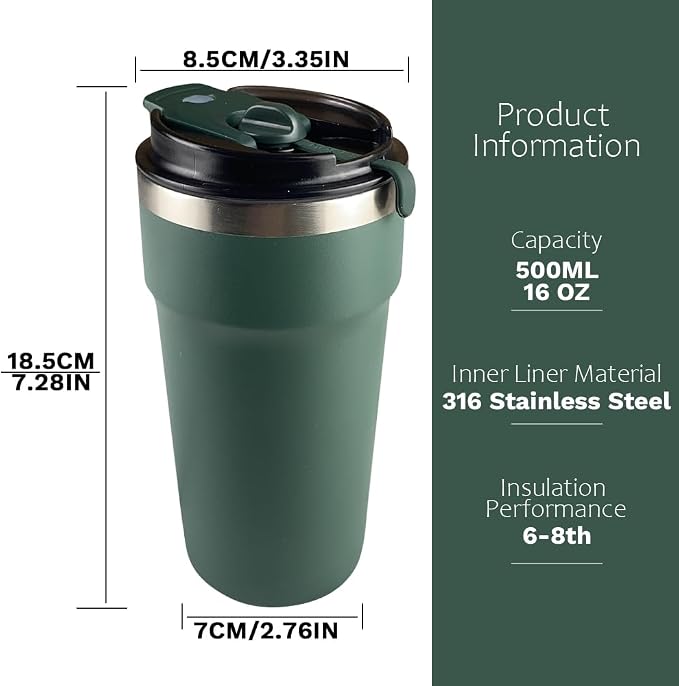 SPLMIFA Travel Coffee Mugs Leak-Proof, Reusable Coffee Cups with Lids, Stainless Steel Vacuum Insulated Coffee Tumblers, Thermal Insulation Cups for Men and Women Hot & Cold Drinks(4th-Green, 16OZ)