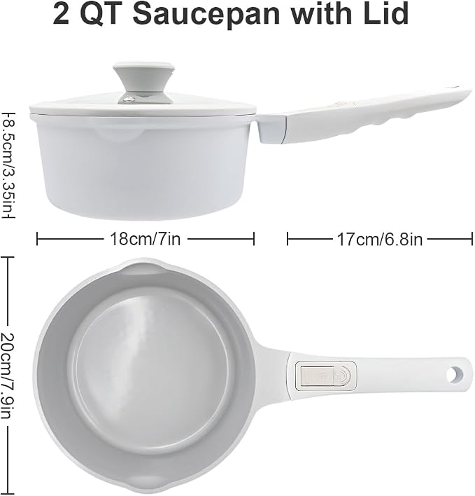 AIKENBBKK Sauce Pan with Lid, 2 Qt Ceramic Saucepan with Lid, Non Stick Sauce Pan, Milk Pot & Sauce Pot & Saucepan with Pour Spout, Detachable Handle Milk Pan, Induction Compatible, Oven Safe, White