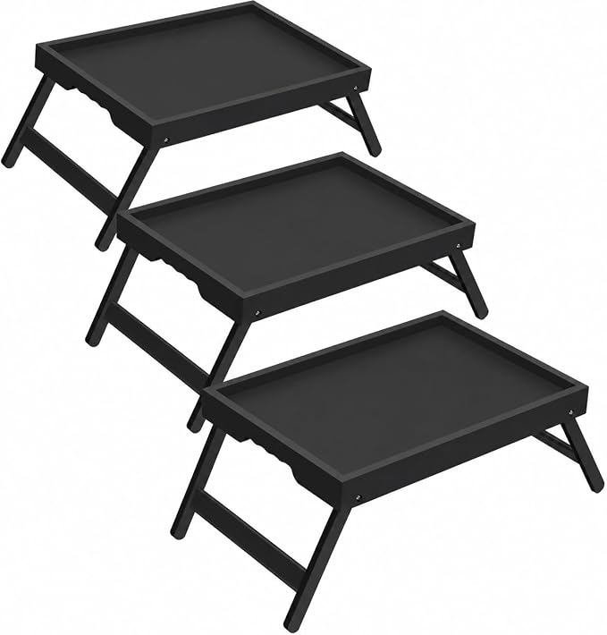 Large Bamboo Bed Tray Tables with Folding Legs, 3 Pack, Black | 3 large black bamboo bed trays with folding legs, raised edges and side grips for meals, laptops, snacks and serving.