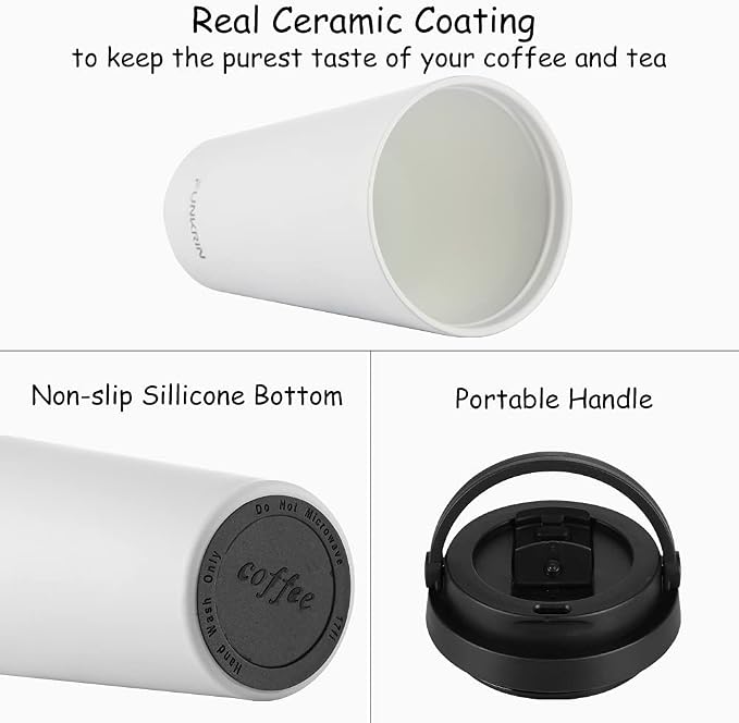 Funkrin Insulated Coffee Mug with Ceramic Coating, 16oz Iced Coffee Tumbler Cup with Flip Lid and Handle, Double Wall Vacuum Leak-Proof Travel Mug for Office School Party Camping