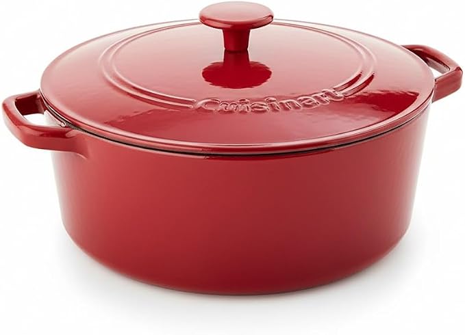 Cuisinart Chef's Classic Enameled Cast Iron Dutch Oven with Lid, Porcelain Enameled Interior, Oven Safe, Induction Compatible, 7-Quart, Round, Red
