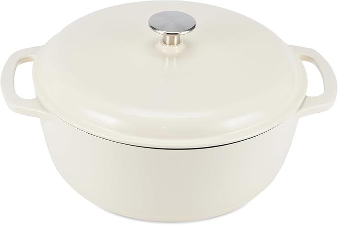 Amazon Basics Enameled Cast Iron Dutch Oven Pot with Lid, Round, Dual Handles, Heavy-Duty, Oven Safe for Stews, Roasting, Baking, 4.3-Quart, White