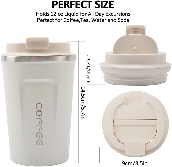 CS COSDDI 12 oz Stainless Steel Vacuum Insulated Tumbler - Coffee Travel Mug Spill Proof with Lid - Coffee Cup for Keep Hot/Ice Coffee,Tea and Beer (White) | Stainless Steel Double-wall insulation, 6-Hour Heat Retention, 360°Leak proof, BPA-free, Reusa...